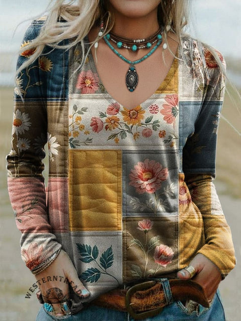 Women's Patchwork Print Casual V-neck Long Sleeve T-shirt