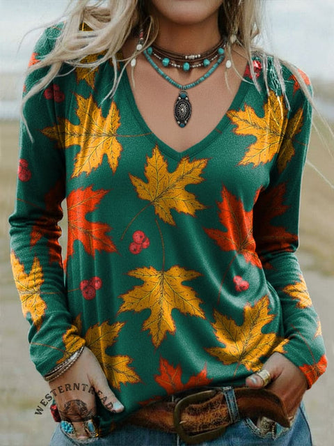 Women's Maple Leaf Print Casual V-neck Long Sleeve T-shirt