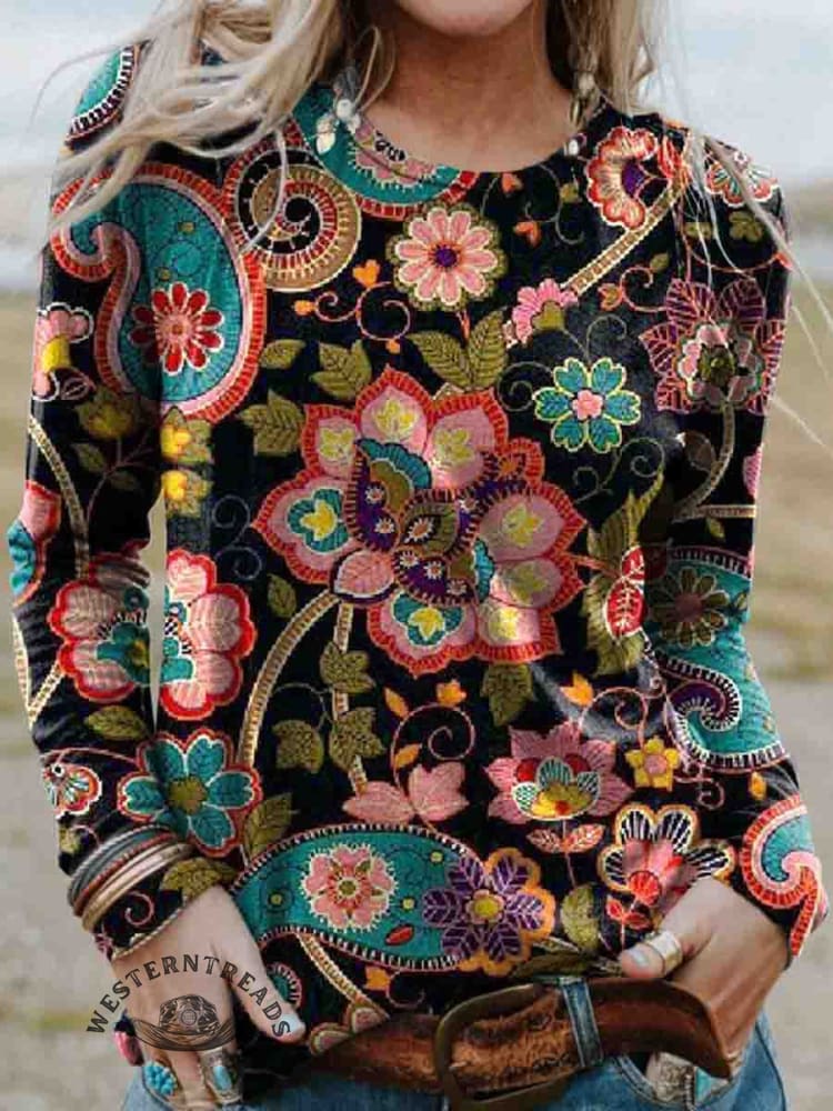 Women's Vintage Floral Print Casual Cotton T Shirt