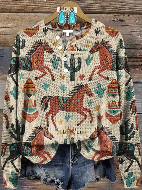 Women‘s Western Print Henley Collar Sweater