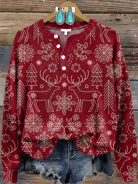 Women‘s Christmas Print Henley Collar Sweater