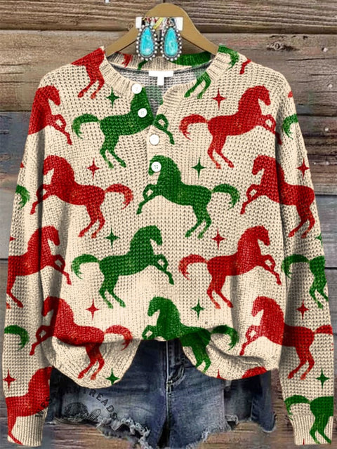 Women‘s Christmas Horse Print Henley Collar Sweater