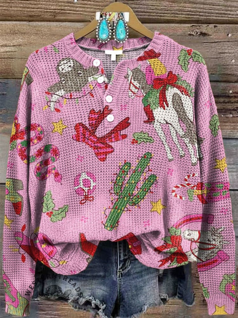 Women‘s Western Christmas Print Henley Collar Sweater