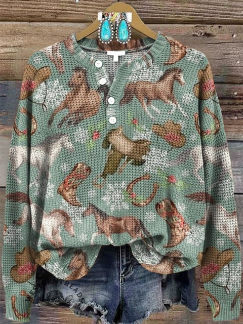 Women‘s Western Christmas Print Henley Collar Sweater