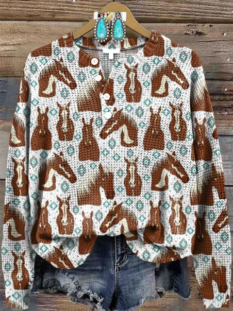 Women‘s Western Horse Print Henley Collar Sweater