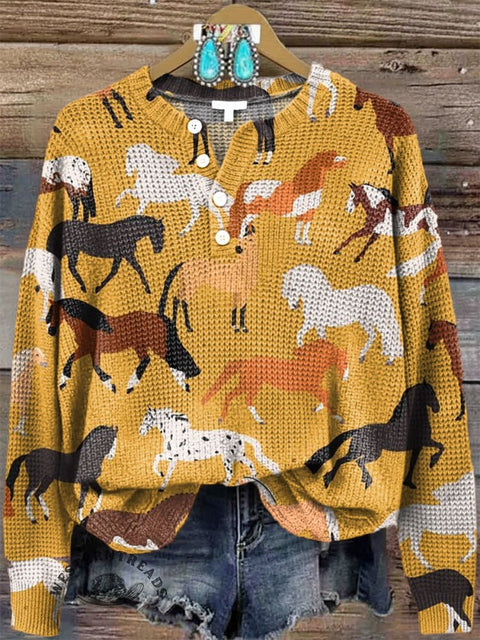 Women‘s Horse Print Henley Collar Sweater