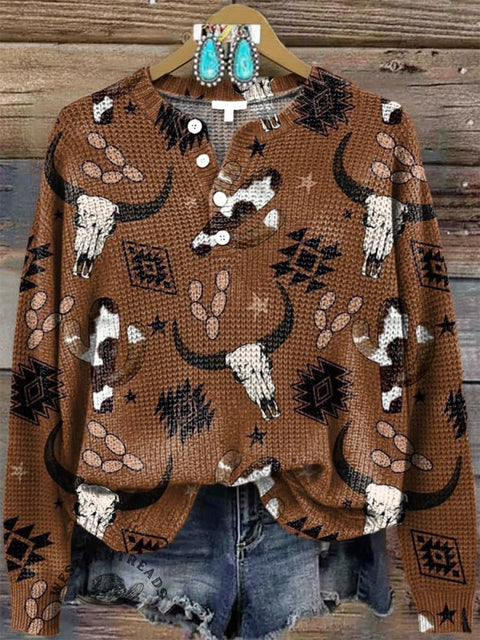 Women‘s Western Print Henley Collar Sweater