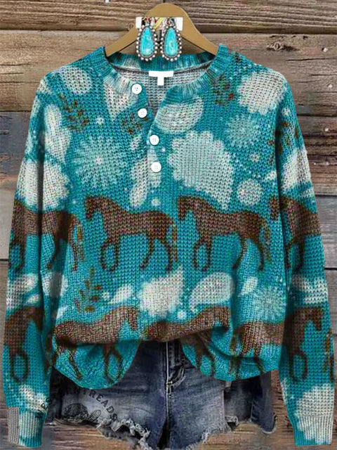 Women‘s Horse and Paisley Print Henley Collar Sweater