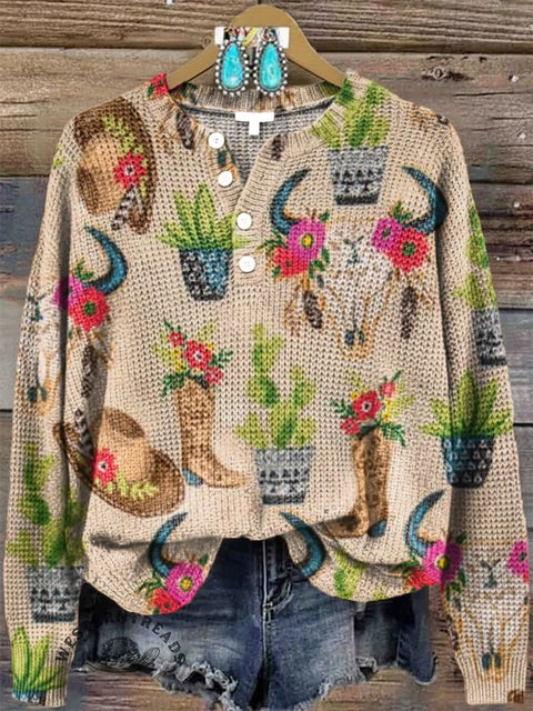 Women‘s Western Print Henley Collar Sweater