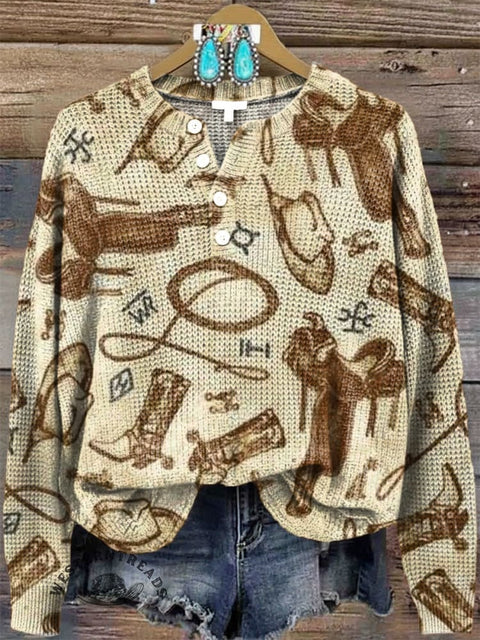 Women‘s Western Print Henley Collar Sweater