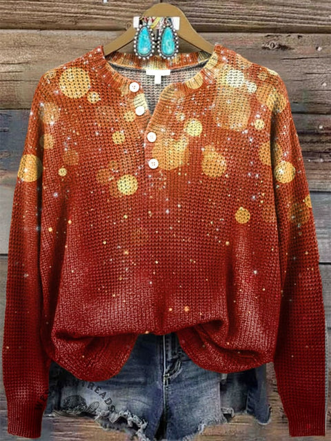 Women‘s Christmas Red Sequins Print Henley Collar Sweater