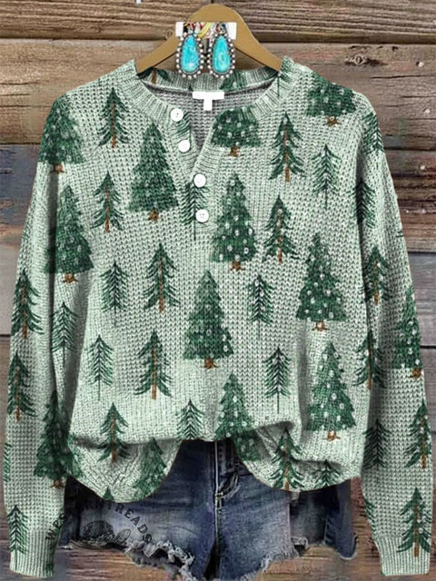 Women‘s Christmas Tree Print Henley Collar Sweater