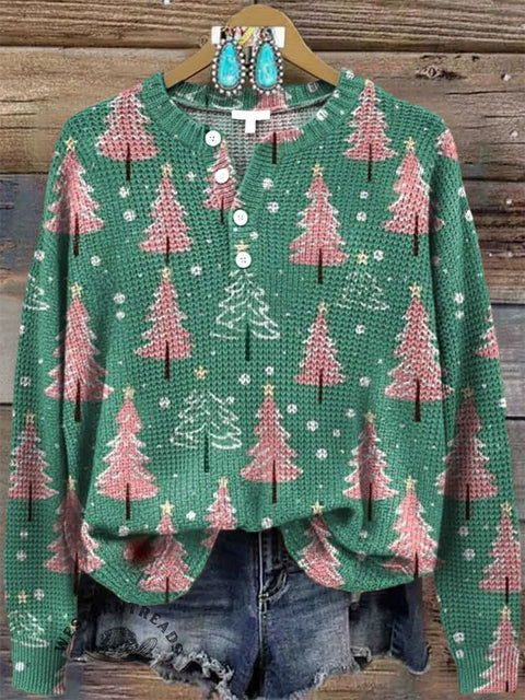 Women‘s Christmas Tree Print Henley Collar Sweater