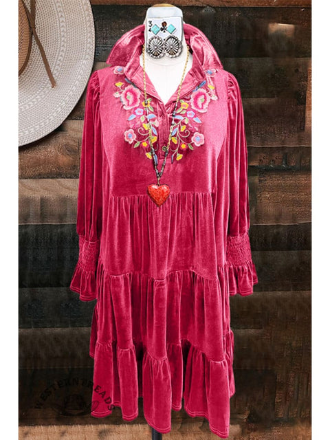 Women's Floral Velvet Long-sleeved Dress
