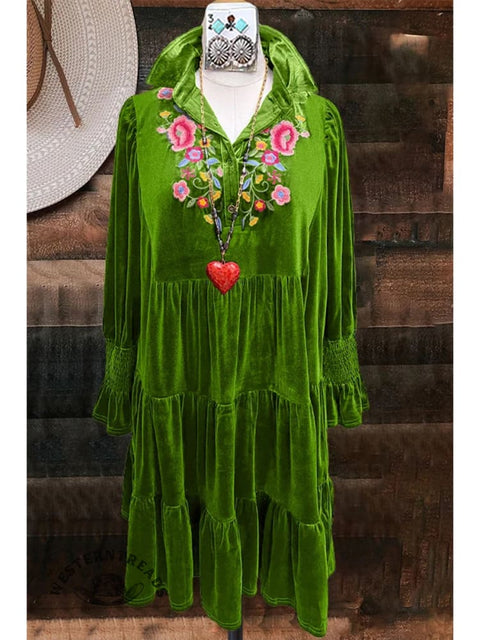 Women's Floral Velvet Long-sleeved Dress