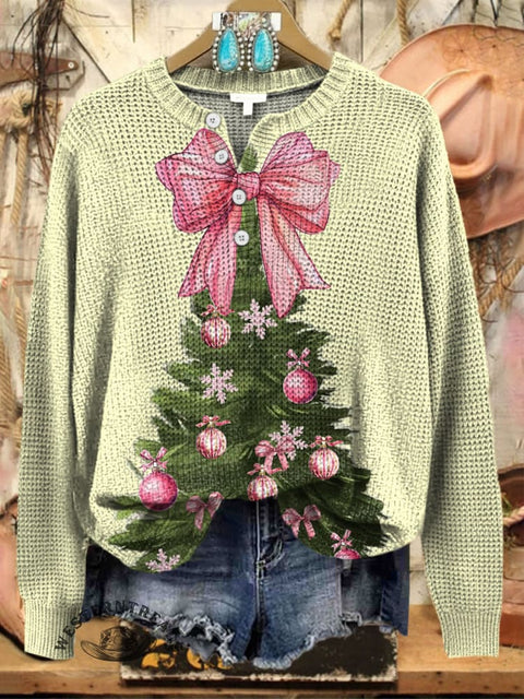 Christmas Tree Print Henley Neck Sweater