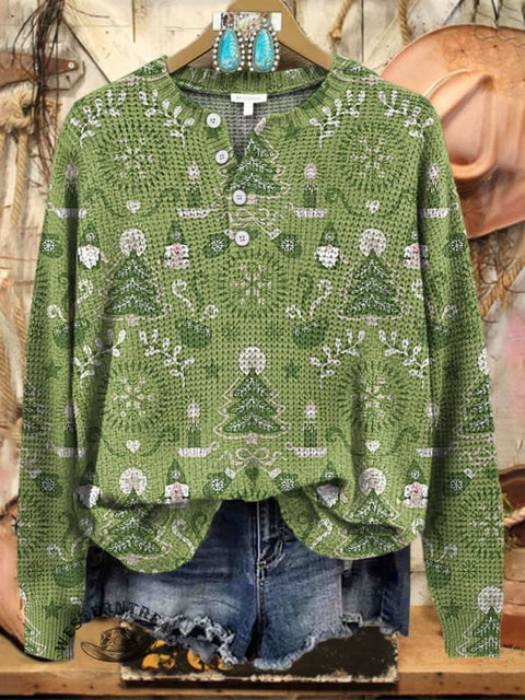 Christmas Tree Print Henley Neck Sweater