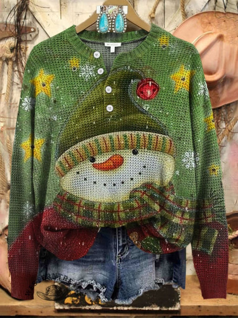 Cute Christmas Snowman Print Henley Neck Sweater