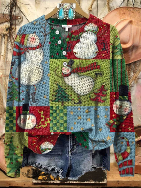 Cute Christmas Snowman Print Henley Neck Sweater