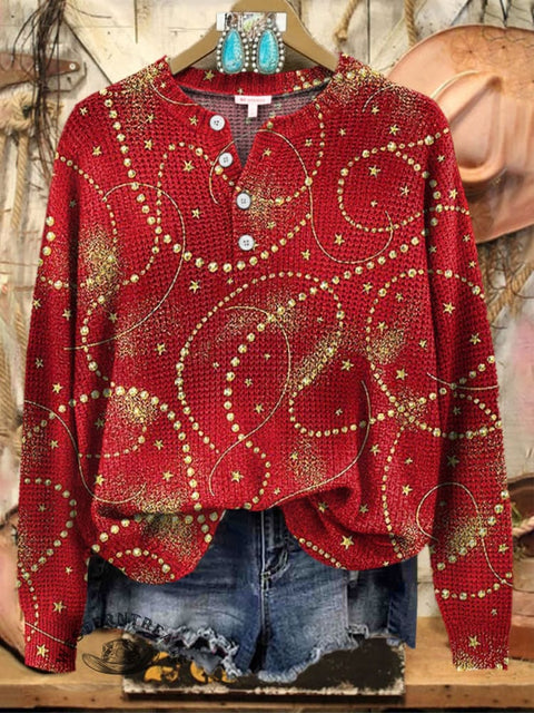 Christmas Art Print Henley Neck Sweater