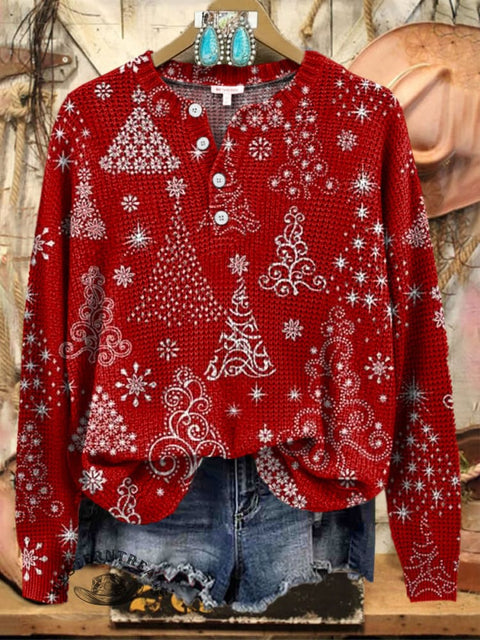 Christmas Tree Print Henley Neck Sweater