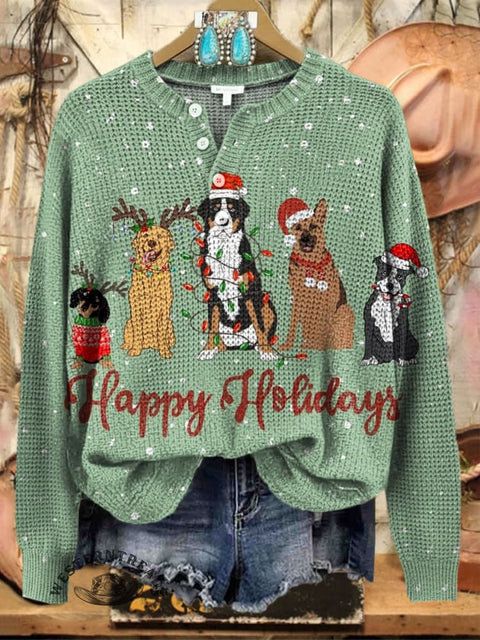 Cute Christmas Dog Print Henley Neck Sweater