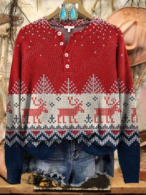 Christmas Deer Print Henley Neck Sweater