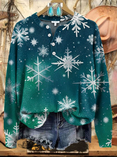 Christmas Snowflake Print Henley Neck Sweater