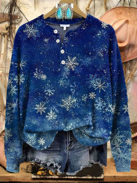 Christmas Snowflake Print Henley Neck Sweater