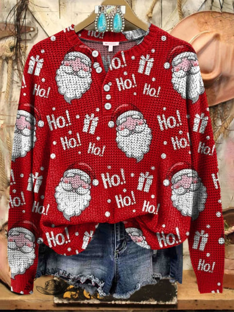 Santa Claus Print Henley Neck Sweater