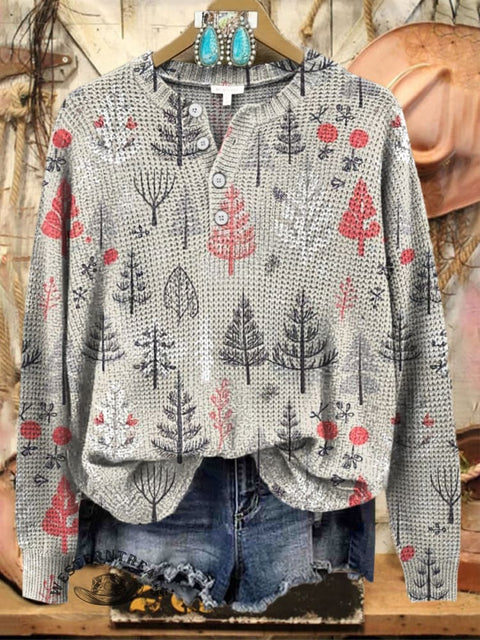Christmas Tree Print Henley Neck Sweater