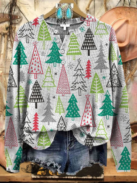 Women's Christmas Tree Print Henley Collar Sweater