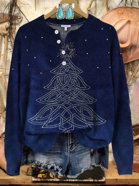Women's Western Stitch Christmas Tree Print Henley Collar Sweater