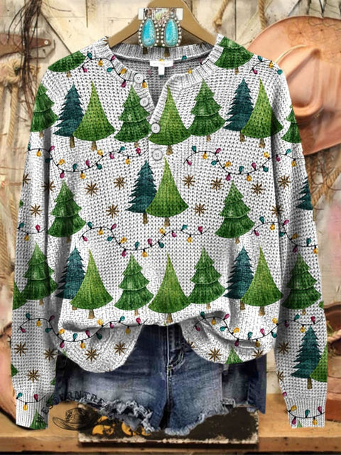 Women's Christmas Tree Print Henley Collar Sweater