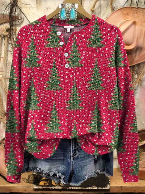 Women's Christmas Tree Print Henley Collar Sweater