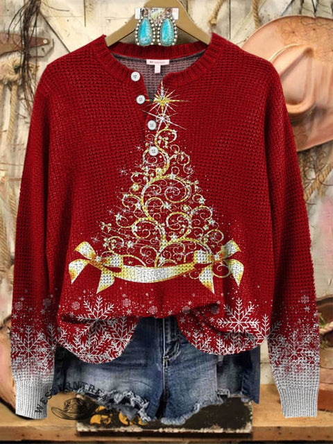 Women's Christmas Tree Print Henley Collar Sweater