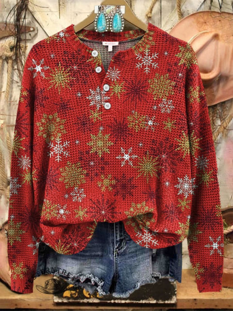 Women's Christmas Snowflake Print Henley Collar Sweater