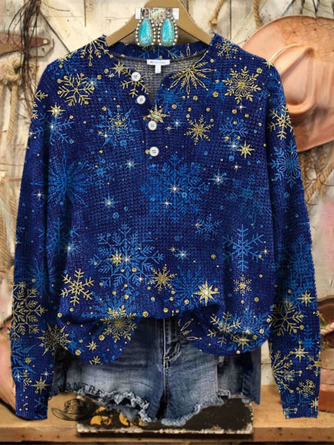 Women's Christmas Snowflake Print Henley Collar Sweater