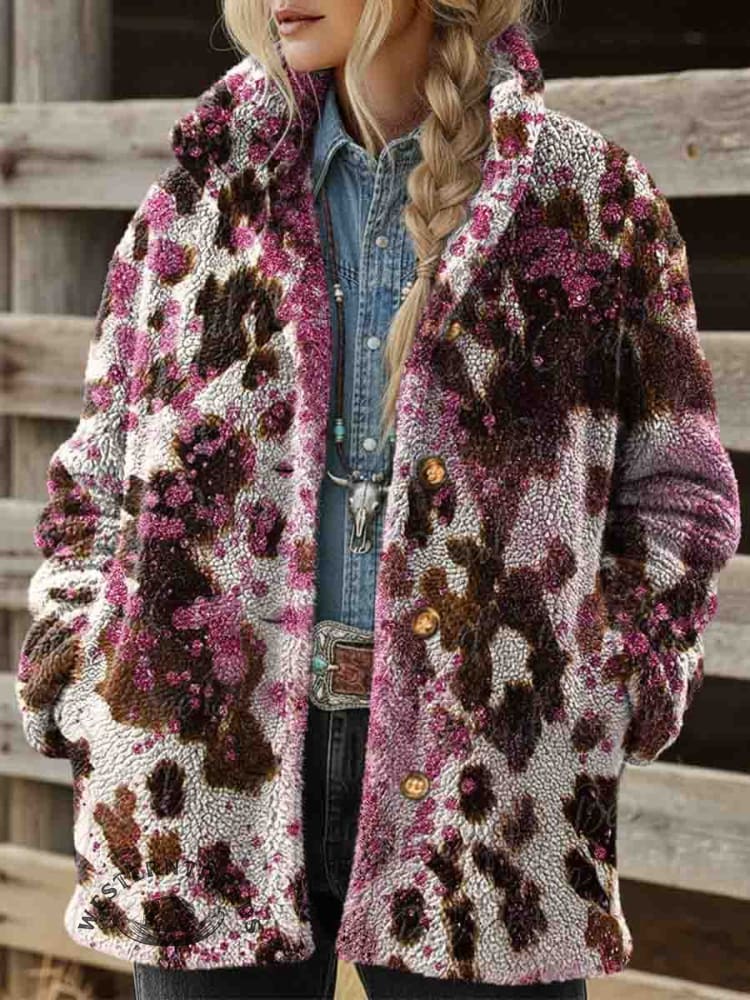 Women's Vintage Cow Print Casual Sherpa Coat