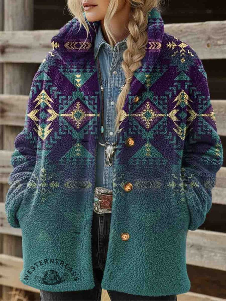 Women's Vintage Aztec Print Casual Sherpa Coat