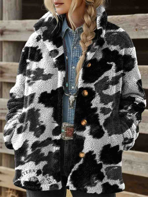 Women's Cow Print Casual Sherpa Coat Cardigan