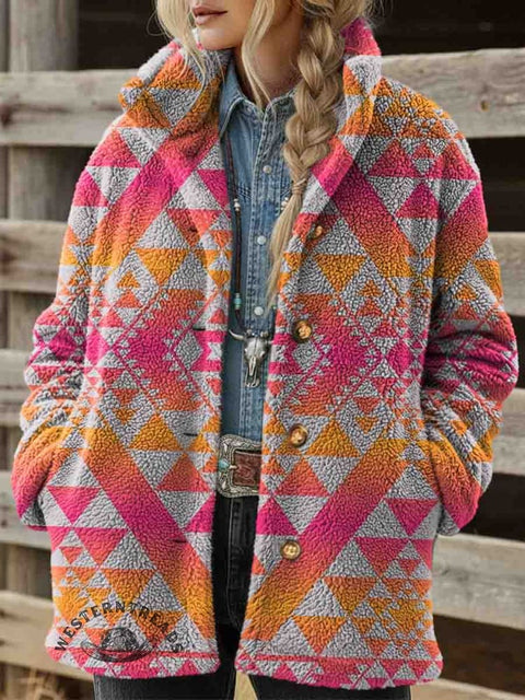 Women's Aztec Print Casual Sherpa Coat Cardigan