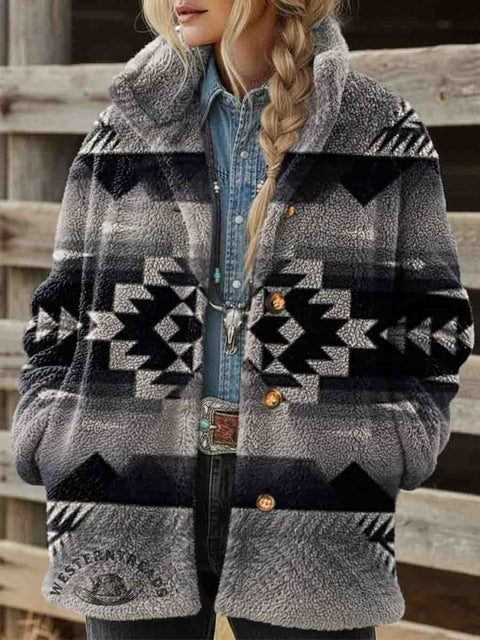 Women's Aztec Print Casual Sherpa Coat Cardigan