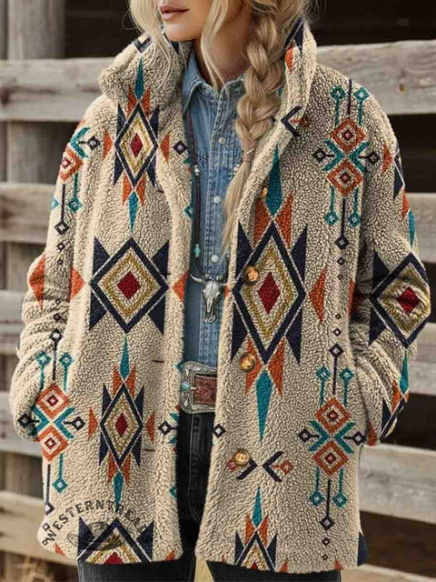 Women's Aztec Print Casual Sherpa Coat Cardigan