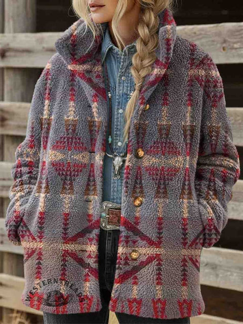 Women's Aztec Print Casual Sherpa Coat Cardigan