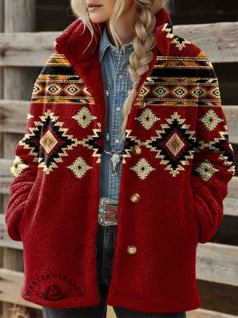Women's Aztec Print Casual Sherpa Coat Cardigan