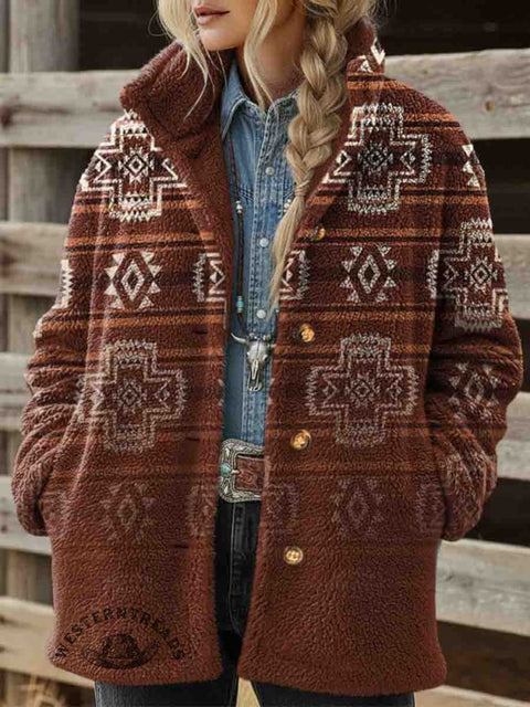 Women's Aztec Print Casual Sherpa Coat Cardigan