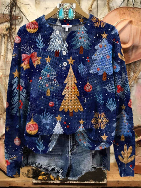 Christmas Tree Print Henley Collar Sweater