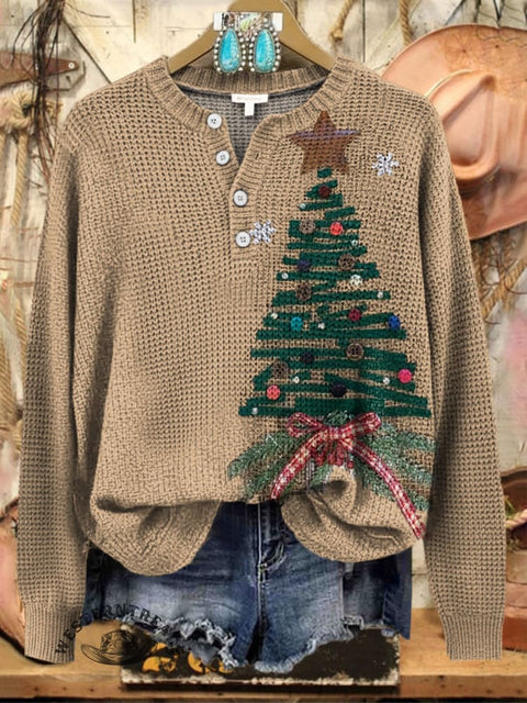 Christmas Tree Art Print Henley Collar Sweater