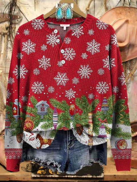 Christmas Snowflake Art Print Henley Collar Sweater